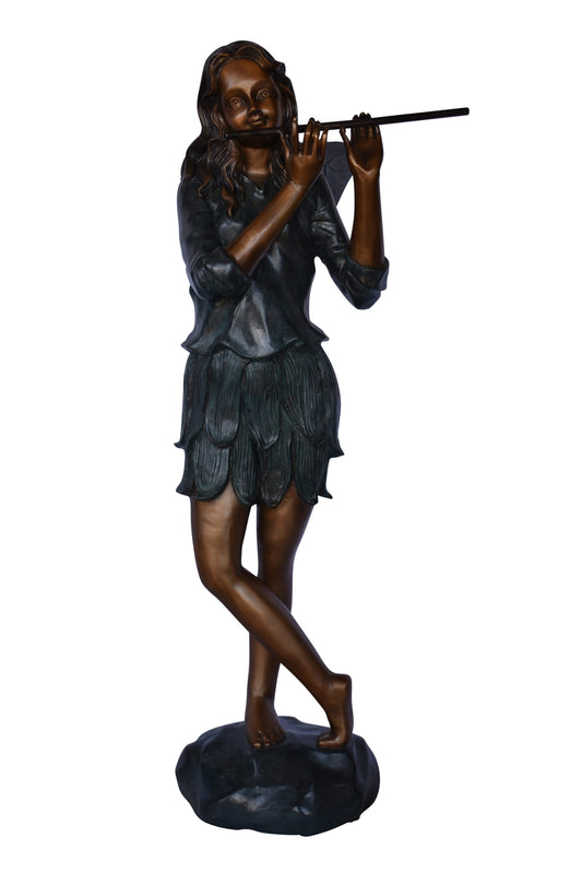 Fairy Standing and Playing the Flute Bronze Statue - Size: 16"L x 16"W x 38"H.