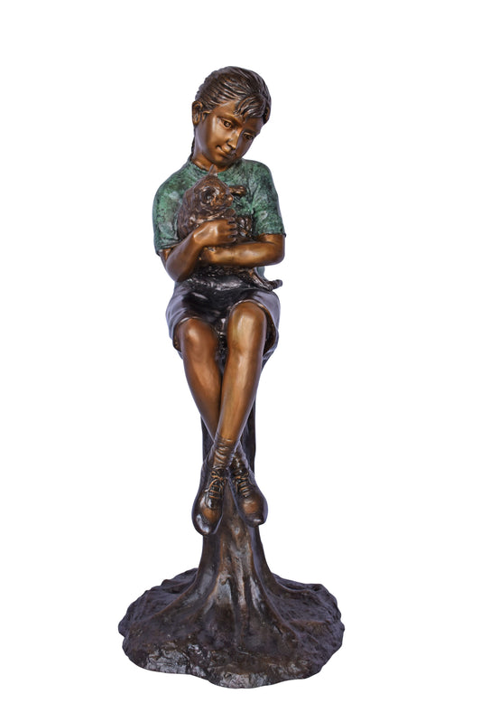 Girl Sitting on A Log with Her Cat Bronze Statue - Size: 15"L x 15"W x 35"H.