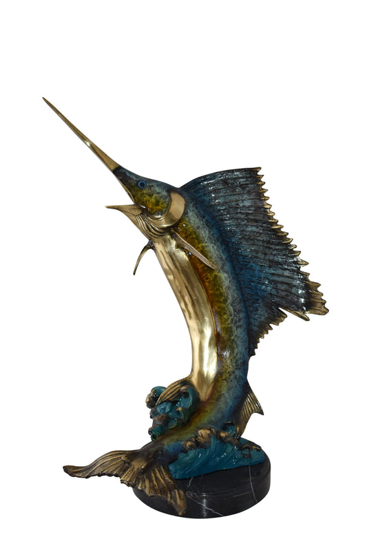 Gold And Blue Sailfish Swimming In Ocean Bronze Statue Size: 18" x 16" x 26"H