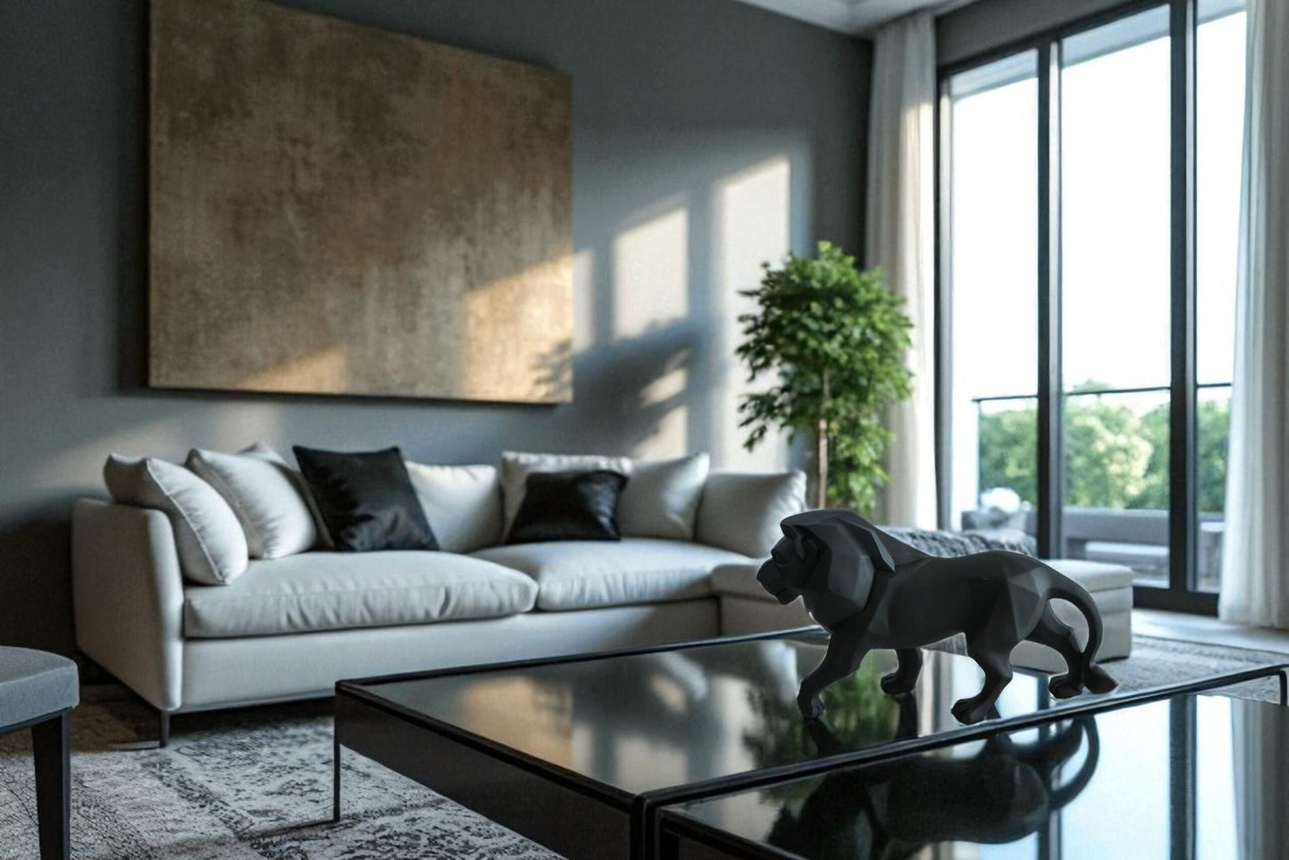 Nifao Matte Black Resin Lion Statue – Modern Geometric Indoor/Outdoor Sculpture, Bold Polygon Design with Confident Walking Stance, Animal Decor for Homes, Offices & Studios 17" x 5" x 9"H