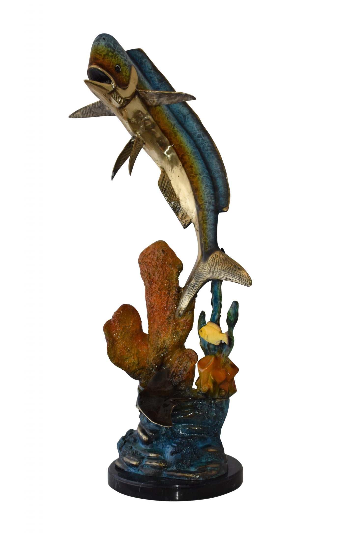 Large Mahi Mahi Dorado on A Coral Bronze Statue Size: 24" x 18" x 49"H