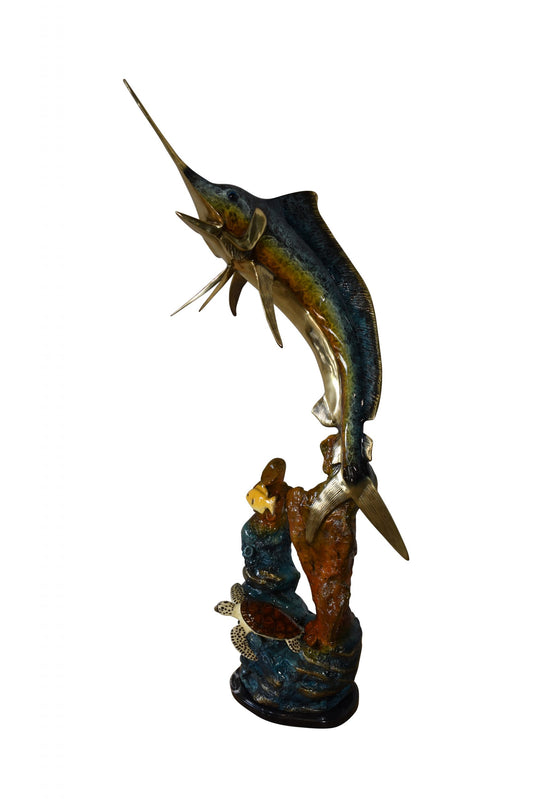 Marlin Fish and Turtle Swimming in the Ocean Bronze Statue Size 20" x 18" x 53"H