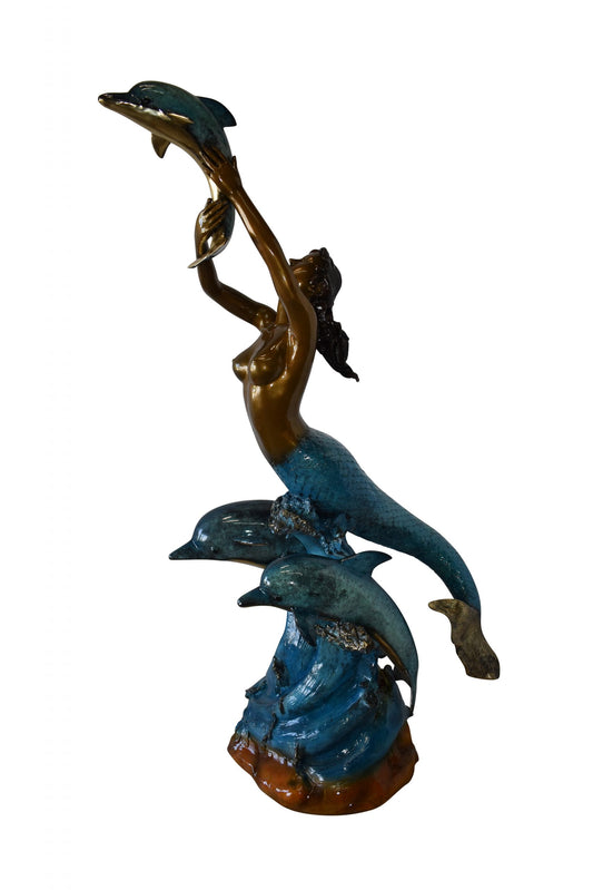 Mermaid W Three Dolphins Fountain Enameled Bronze Statue Size: 34" x 41" x 83"H