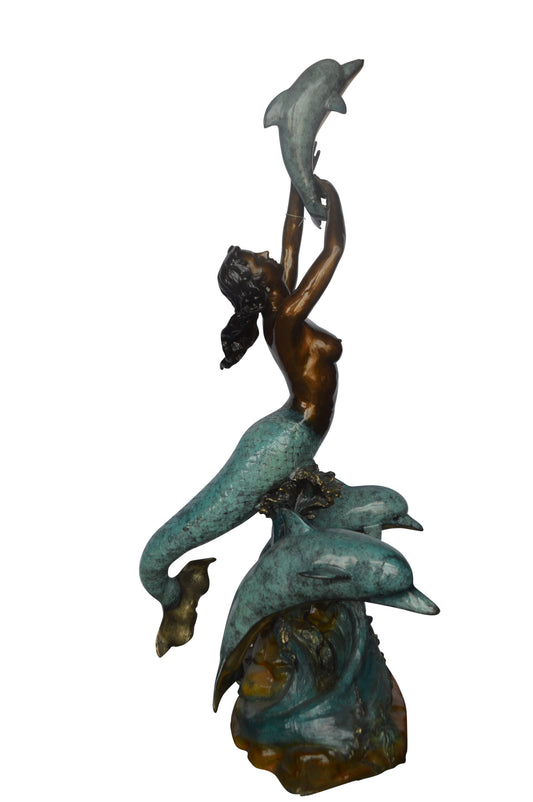 Mermaid and Three dolphins fountain bronze statue - Size: 34"L x 41"W x 83"H.