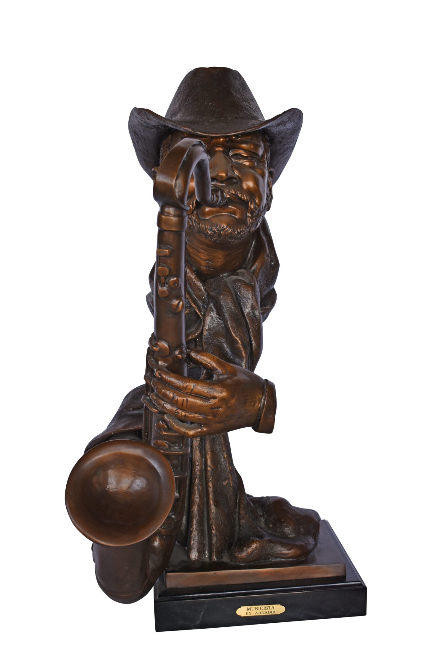 Musicista By Arnadia, Bust of Saxophone Player Bronze Statue - 15" x 18"x 32"H