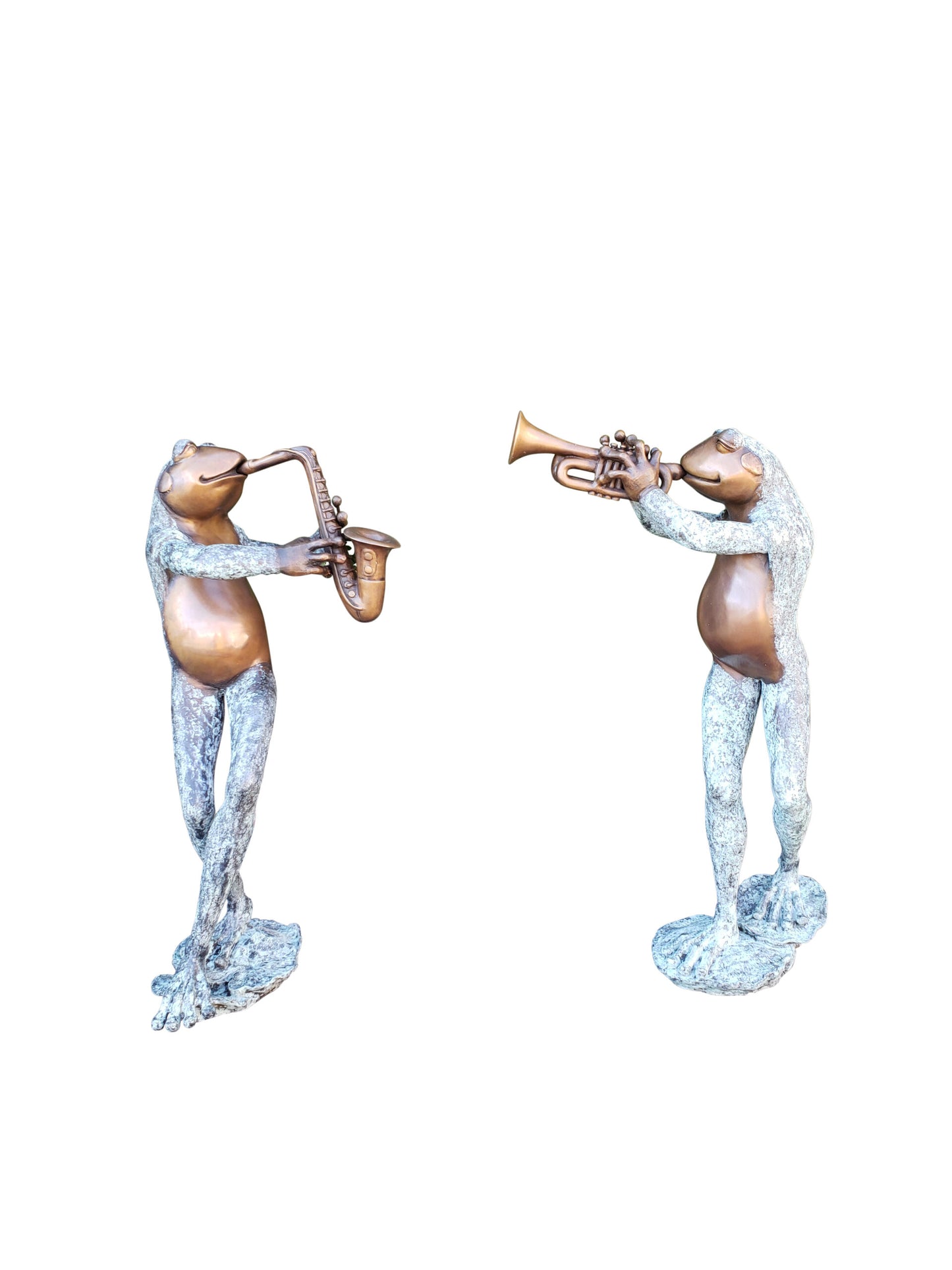 Pair of Musical Frogs Playing Instruments Bronze Statue Size: 16" x 13" x 33"H
