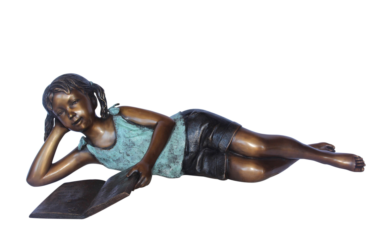 Nifao Bronze Girl Reading on Ground Statue – Hand-Cast Lost Wax Outdoor Sculpture with Book, Patina Finish - 40" L x 17" W x 13" H.