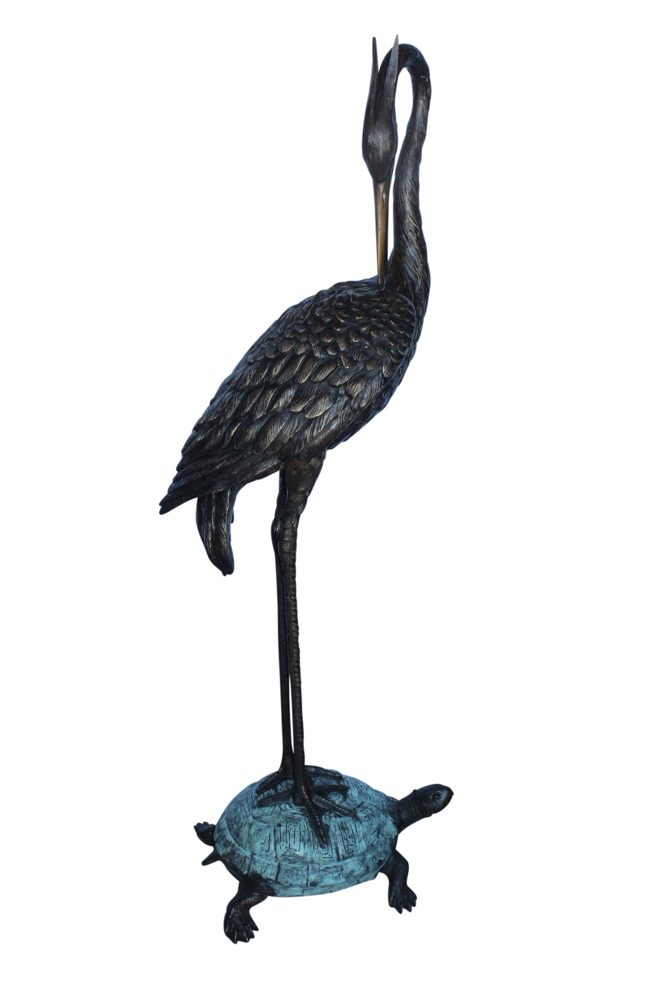 Blue Heron perched on turtle bronze statue fountain - Size: 21"x 16"x 64"H