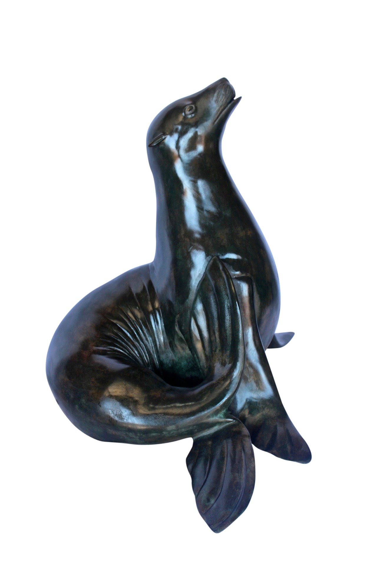 Perched seal bronze statue fountain green patina - Size: 35"L x 24"W x 27"H.