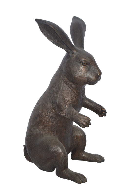 Rabbit looking down bronze statue - Size: 10"L x 12"W x 20"H.