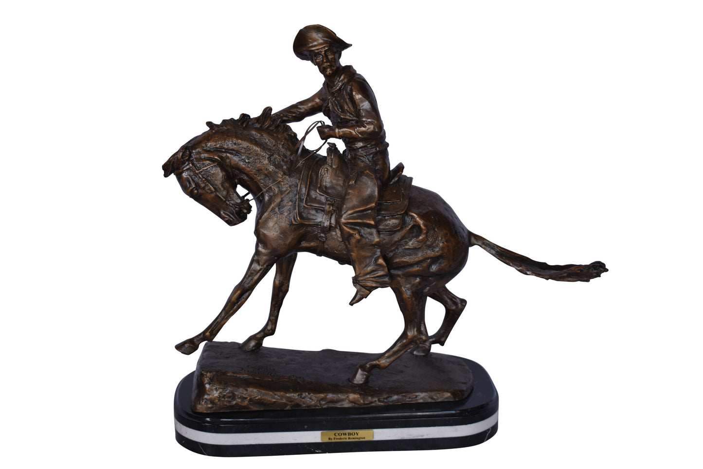 Remington Cowboy Replica Bronze Statue on Triple Marble - Size: 8"x 26"x 23"H.