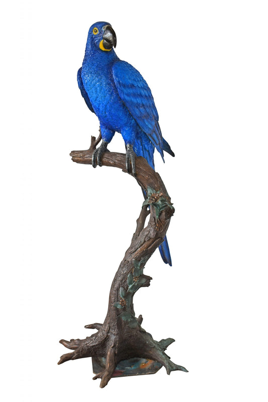 Single Hyacinth Macaw Blue Parrot on a tree Bronze Statue Size: 30" x 24" x 66"H