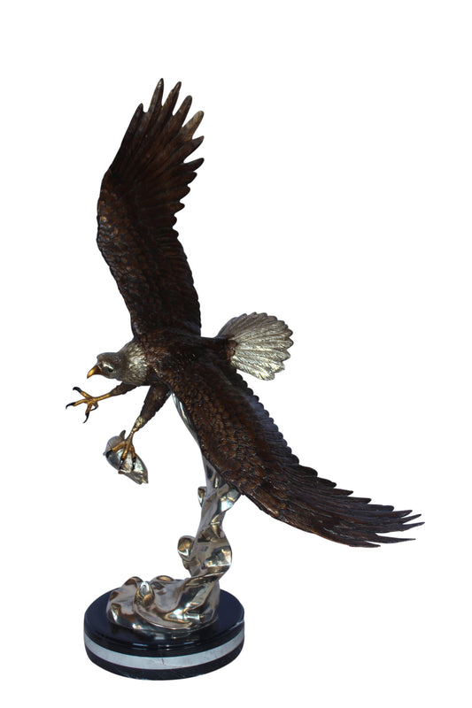Soaring eagle carrying prey bronze statue -  Size: 16"L x 23"W x 39"H.