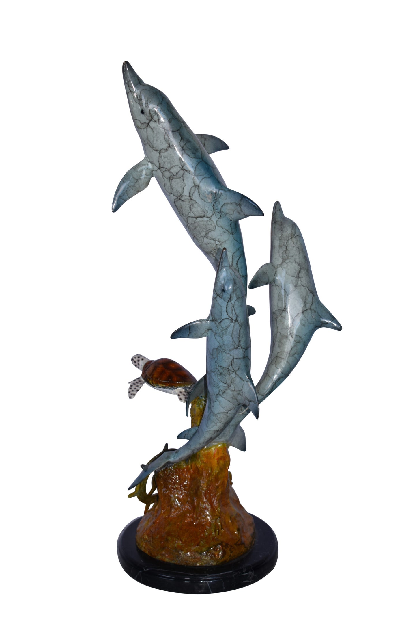Three Dolphins Jumping Next to A Sea Turtle Bronze Statue 10"x 11" x 24"H.