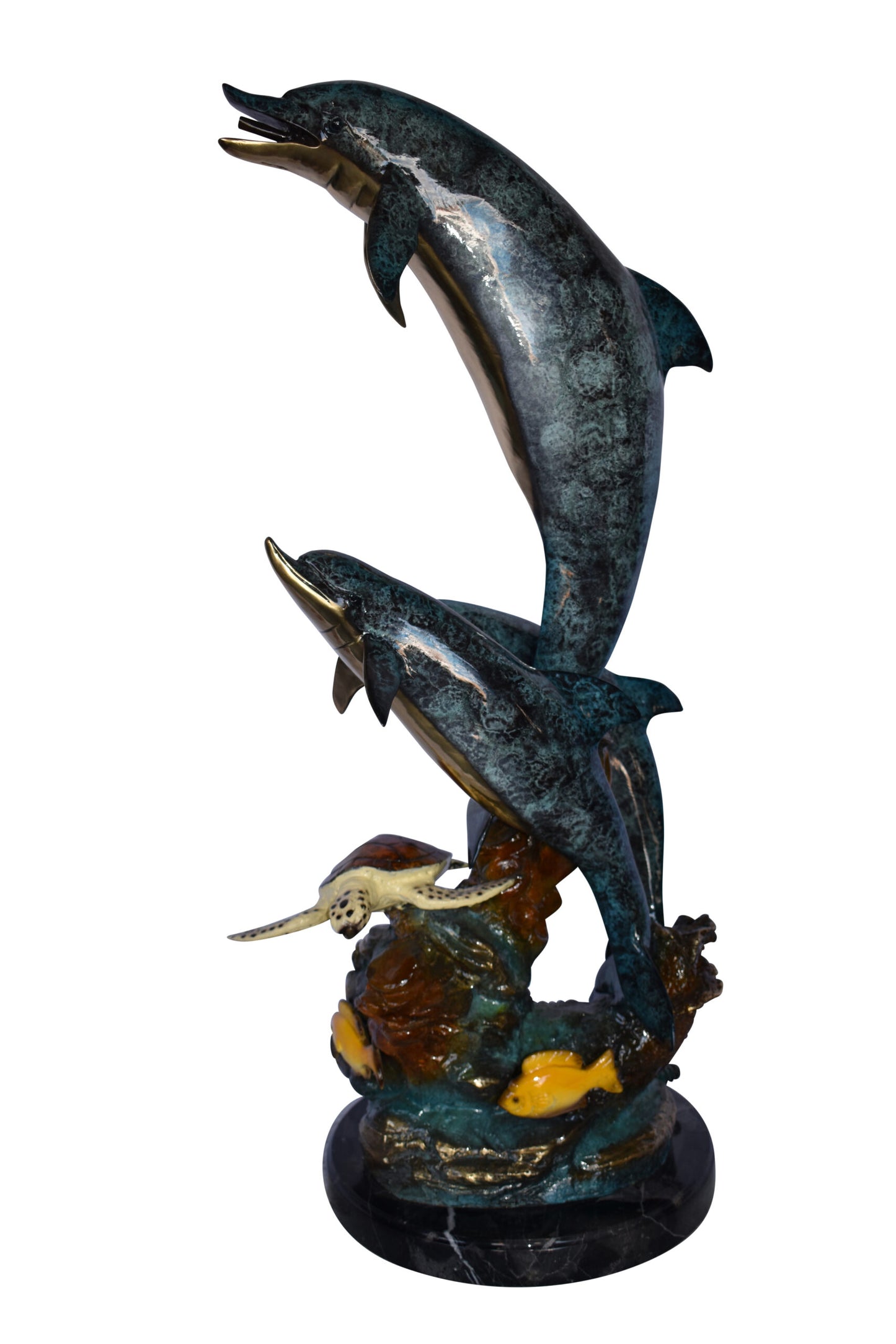 Three Dolphins Swim Next to A Sea Turtle Fountain Bronze Statue 17"x 15" x 38"H