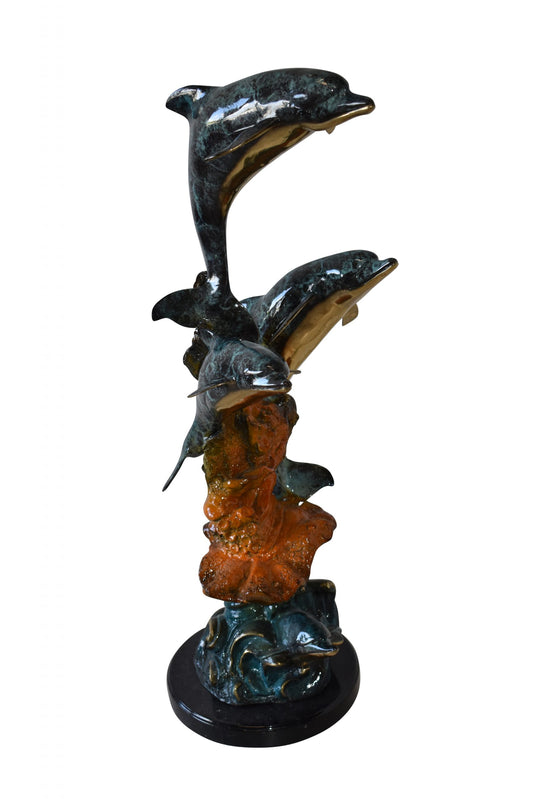 Three Large Dolphins on A Coral Bronze Statue Size: 20" x 18" x 41"H