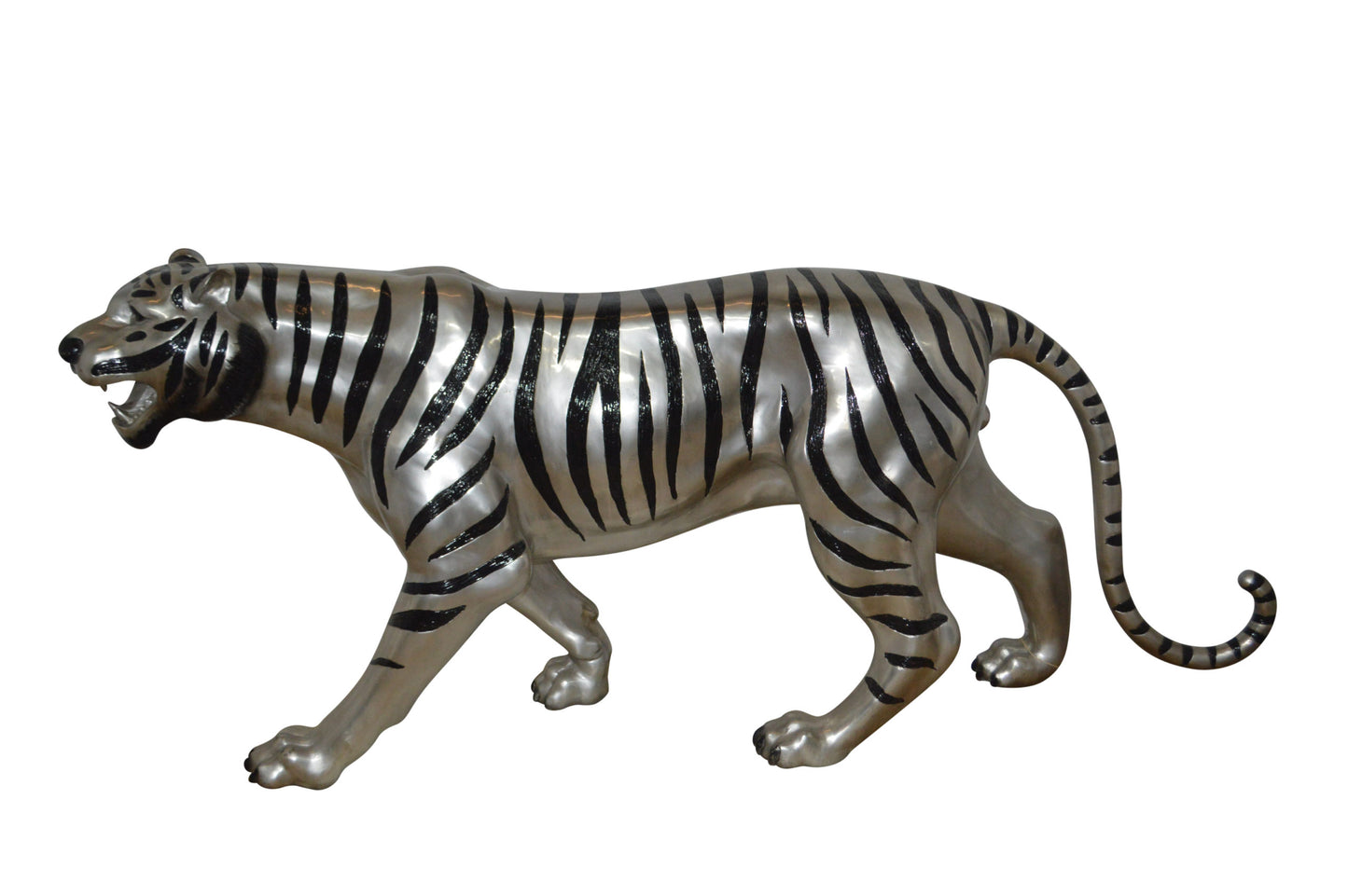 Tiger bronze statue with black and silver finish - Size: 80"L x 15"W x 34"H.