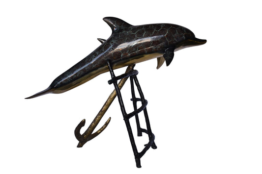 Two Dolphins Swimming Bronze Statue - slight paint damage 46"x 23" x 36"H