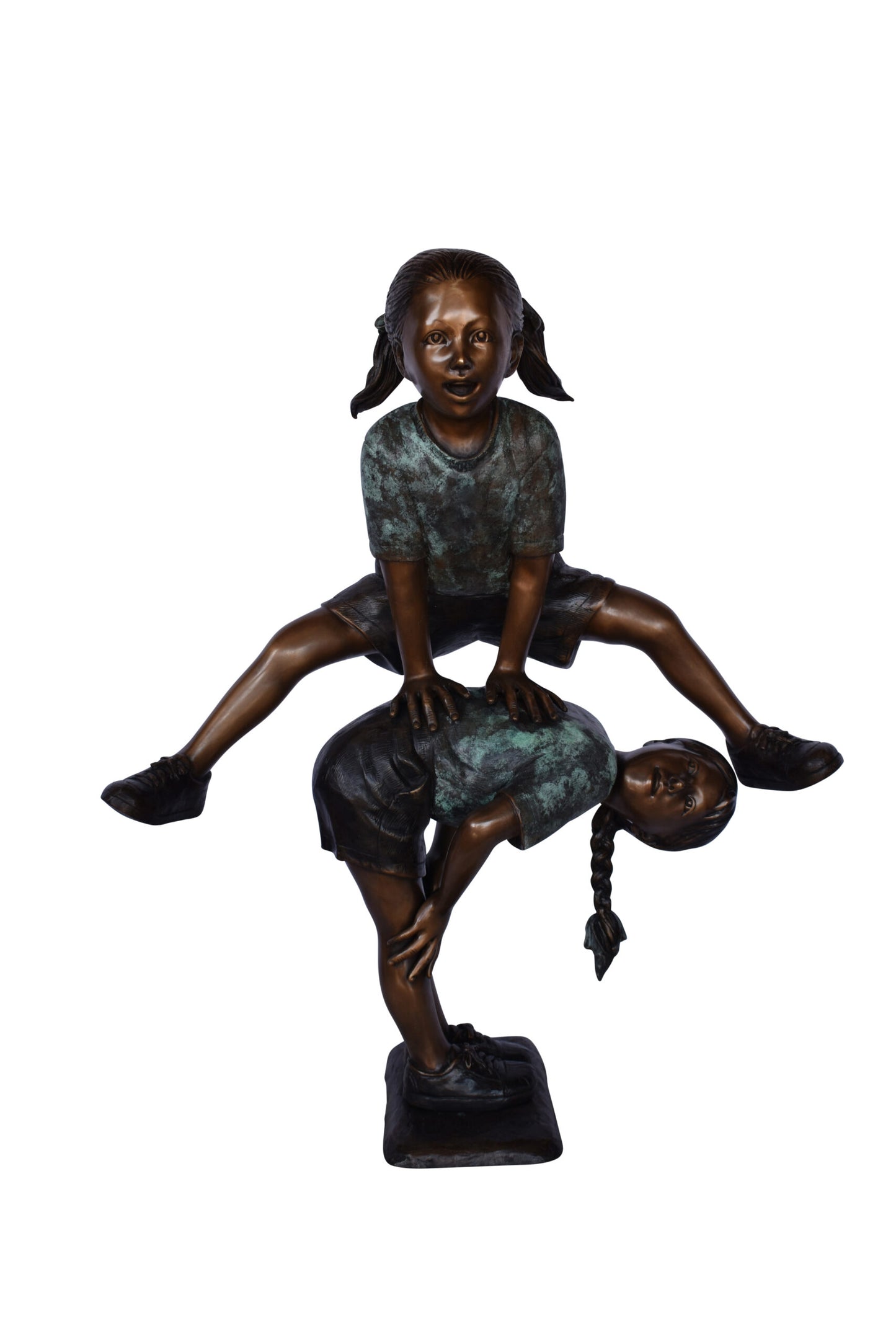 Two Girls Playing Leapfrog Jumping Bronze Statue - Size: 30"L x 14"W x 34"H.