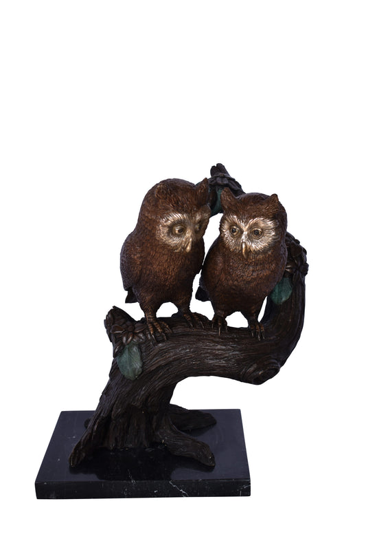 Two Owls on A Tree Trunk Bronze Statue - Size: 11"L x 11"W x 14"H.