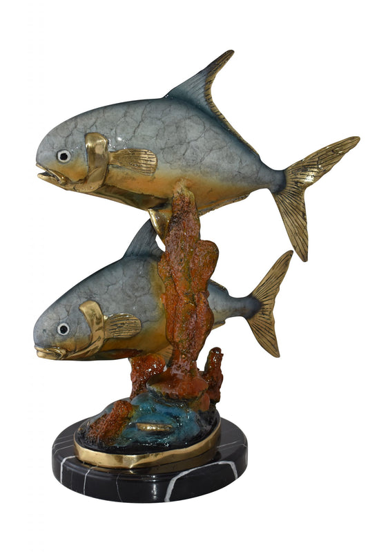Two Permit Fish Swimming in The Ocean Bronze Statue Size: 13" x 19" x 25"H