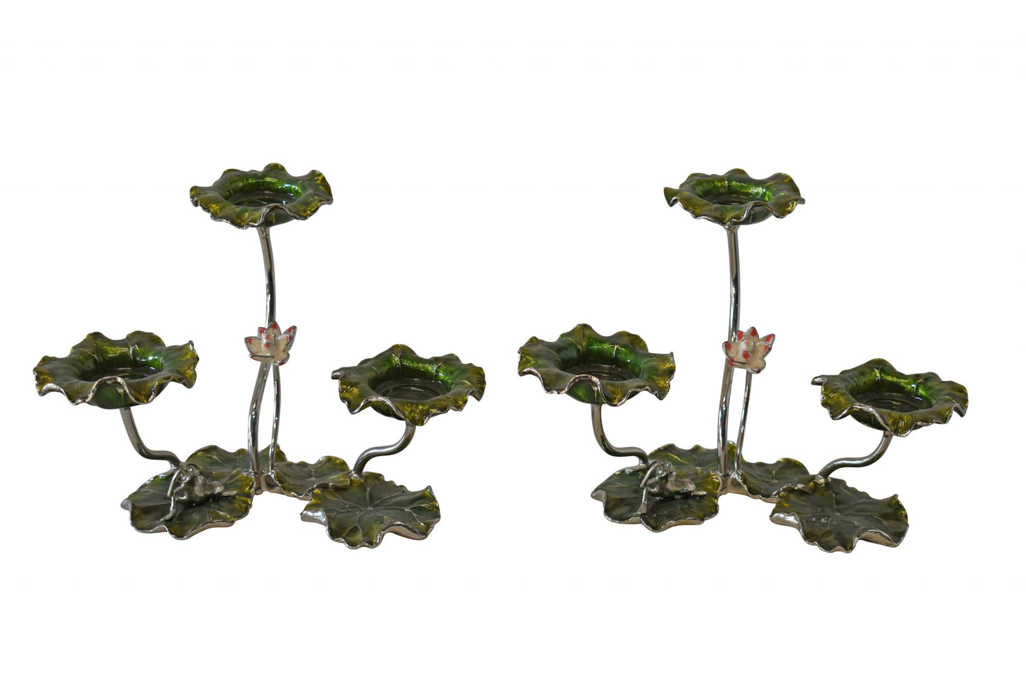 Two Sets of Candle Holders Made of Enameled Metal Size: 8" x 5" x 6"H