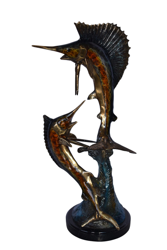 Two Swordfish Swimming in The Ocean Bronze Statue - Size: 11"L x 10"W x 22"H.