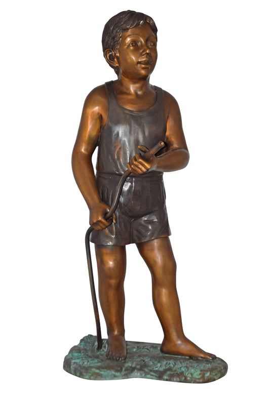 A Boy Holding A Garden Hose Bronze Statue Fountain - Size: 13"L x 20"W x 39"H.