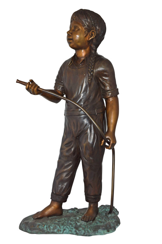 A Girl Holding A Garden Hose Bronze Statue Fountain - Size: 13"L x 20"W x 39"H.