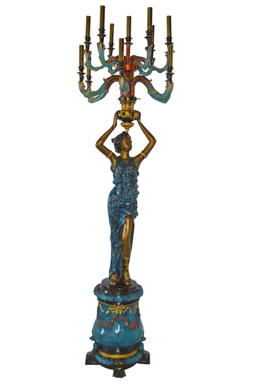 A Pair of Ladies holding a Lamp Bronze Statue - Size: 30"L x 30"W x 100"H.