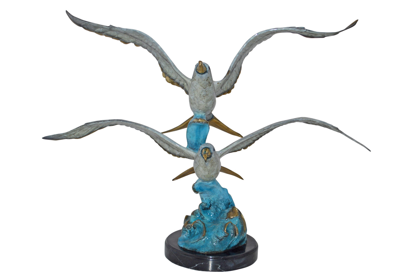 A Pair of Seagulls flying Bronze Statue Tabletop - Size: 15"L x 35"W x 26"H.