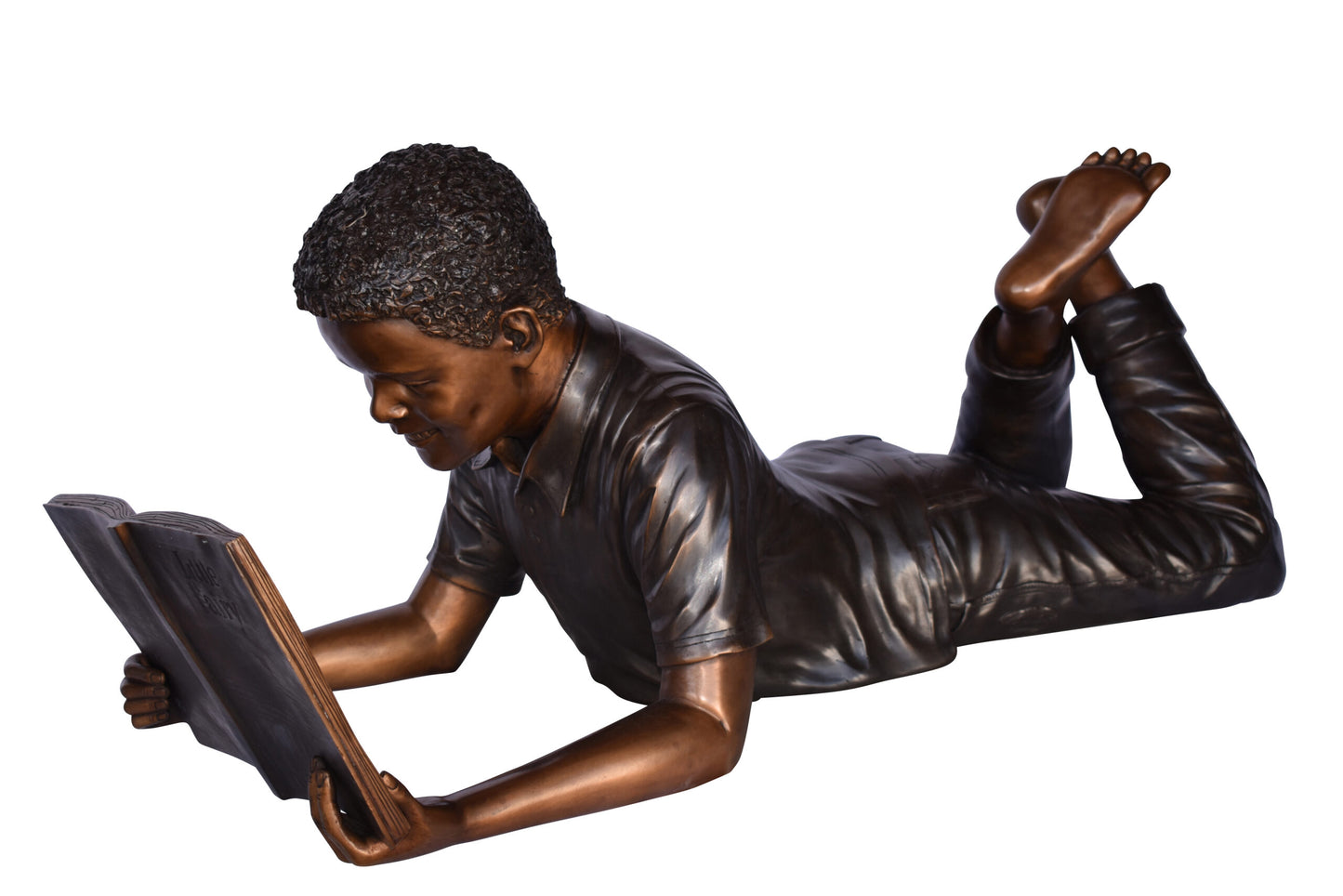 African American Boy reading a book bronze statue - Size: 42"L x 15"W x 19"H.