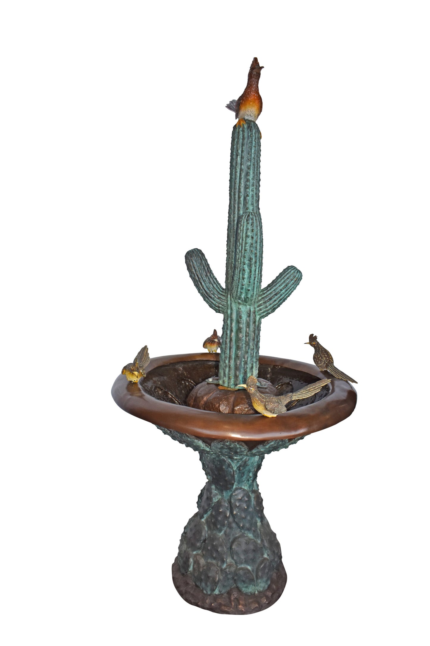 Birdbath With Five Roadunner Birds Bronze Statue - Size: 31" x 31" x 67"H