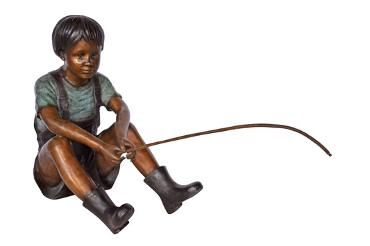 Boy Sitting on the Ground, Fishing Bronze Statue - Size: 26"L x 15"W x 25"H.