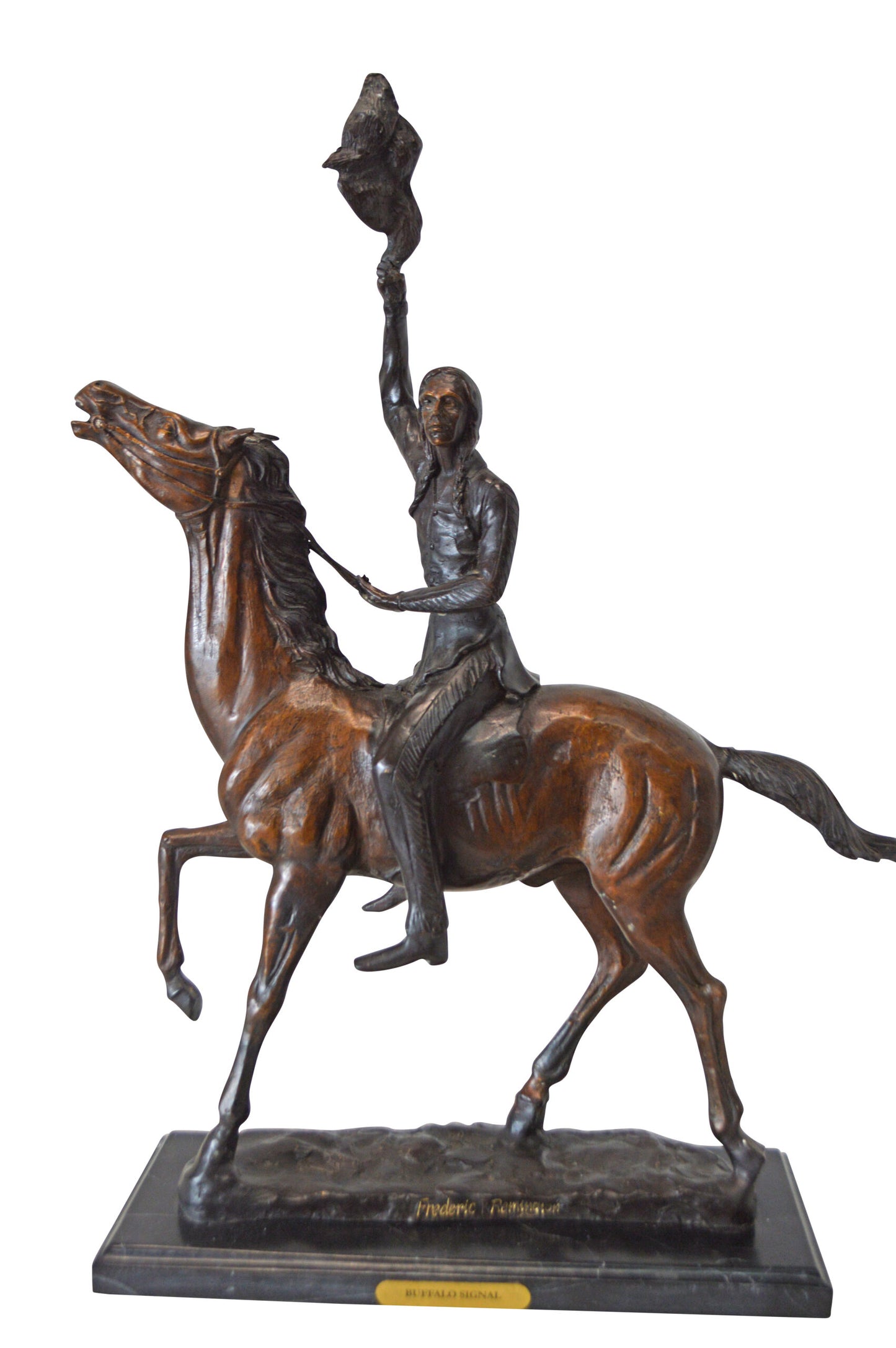 Buffalo Signal, a Frederic Remington Replica Bronze Statue - 19" x 6" x 25"H