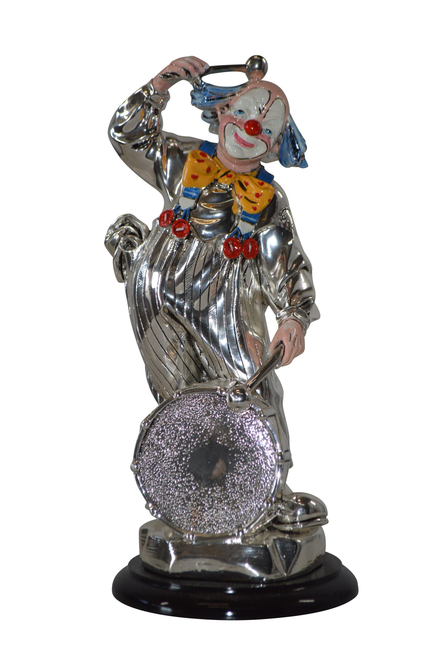 Clown Plays the Drams Resin Statue Silver finish - Size: 6"L x 6"W x 16"H.