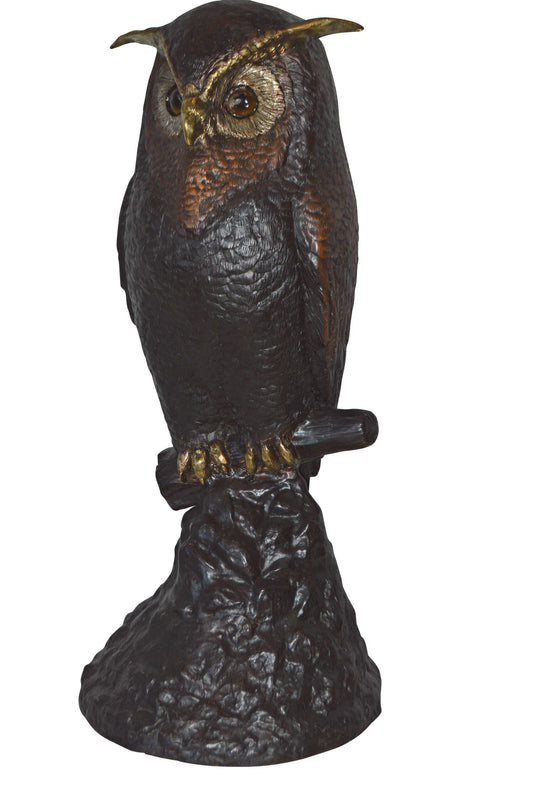 Giant Owl Standing on A Tree Log Bronze Statue. - Size: 20"L x 21"W x 43"H.