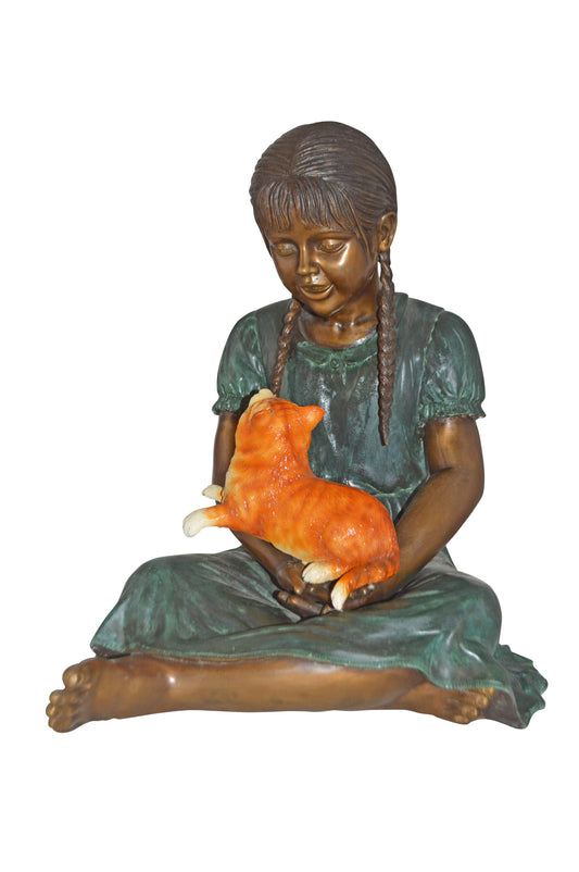 Girl Holding Her Cat Bronze Statue, Green, Orange Finish - Size: 23"x20"x24"H