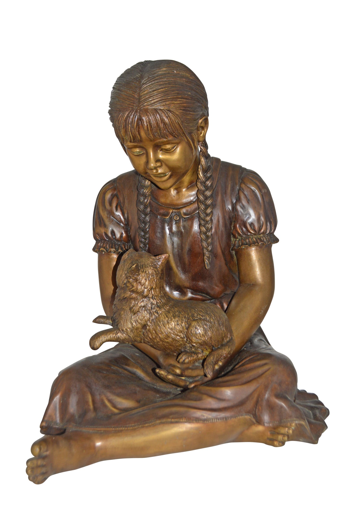 Girl Holding Her Cat Life Size Bronze Statue - Size: 23"L x 20"W x 24"H.