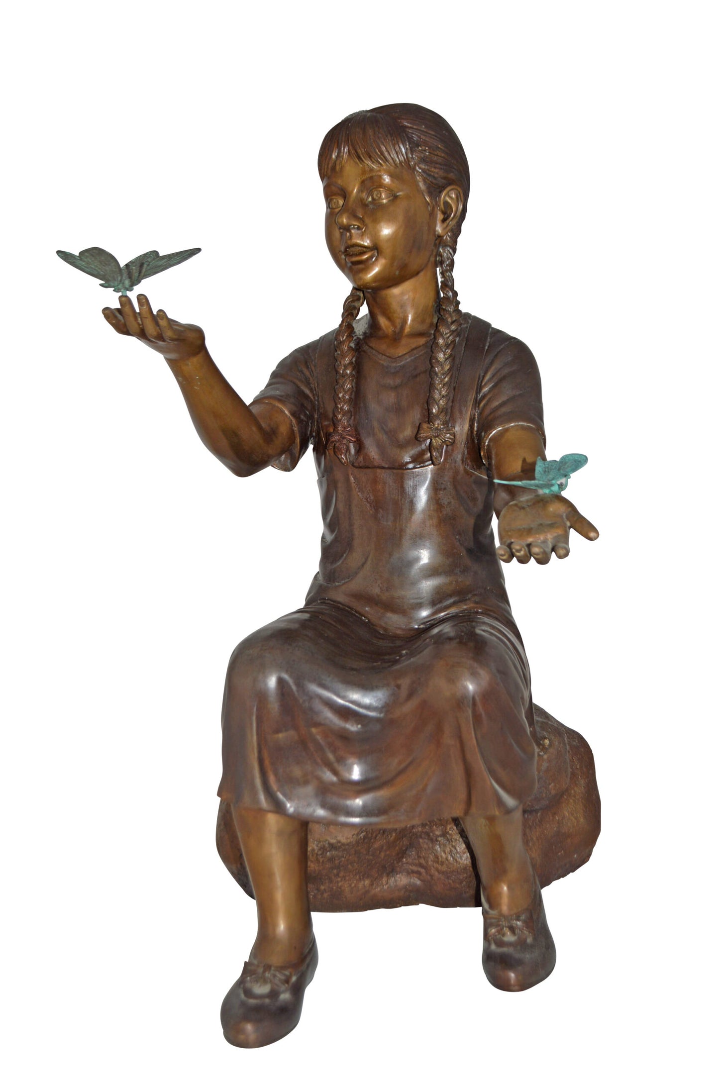 Girl Sitting on A Rock Holding Butterflies Bronze Statue - Size: 26"x17"x34"H
