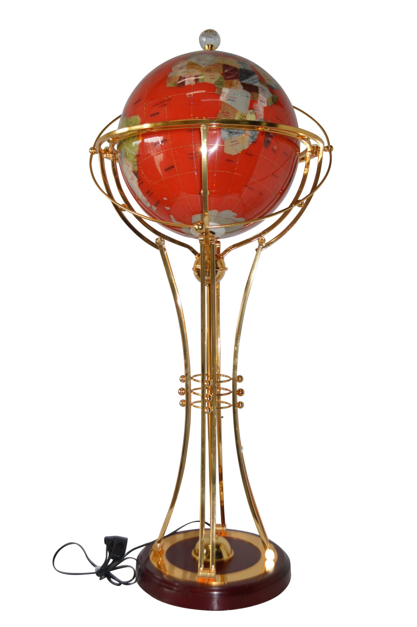 Illuminated Red - Gold World Globe Rotated by motor - Size: 19"L x 19"W x 42"H.