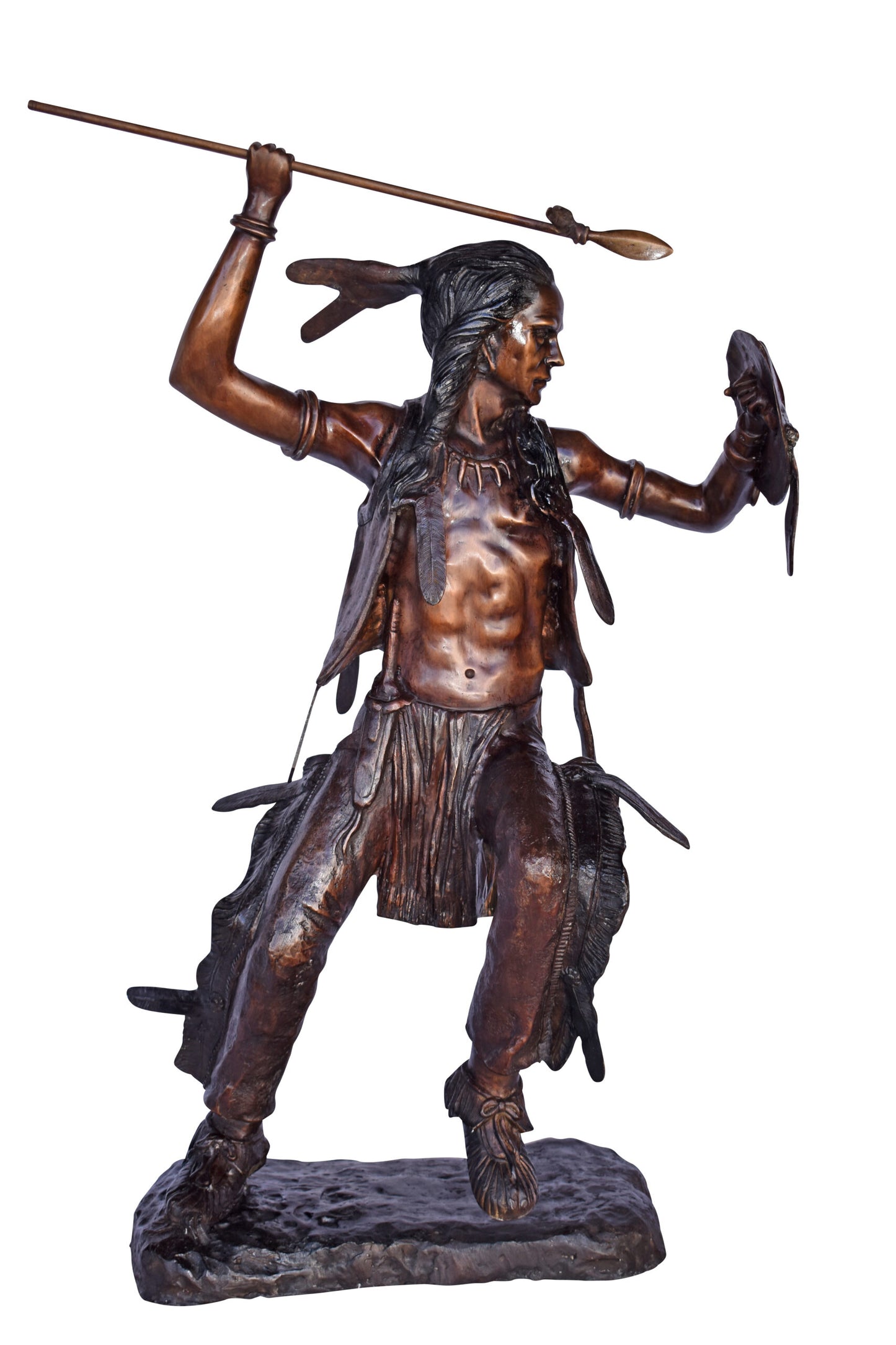 Indian Worrier Throwing a Spear Bronze Statue - Size: 15"L x 23"W x 38"H.