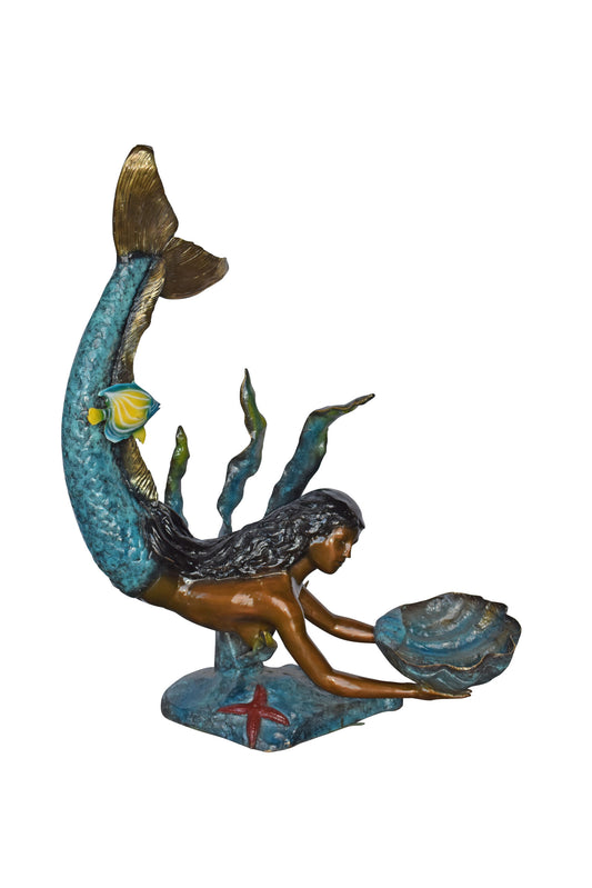 Mermaid Holding A Tray Shell Bronze Statue Art Nude - Size: 16"L x 38"W x 48"H.