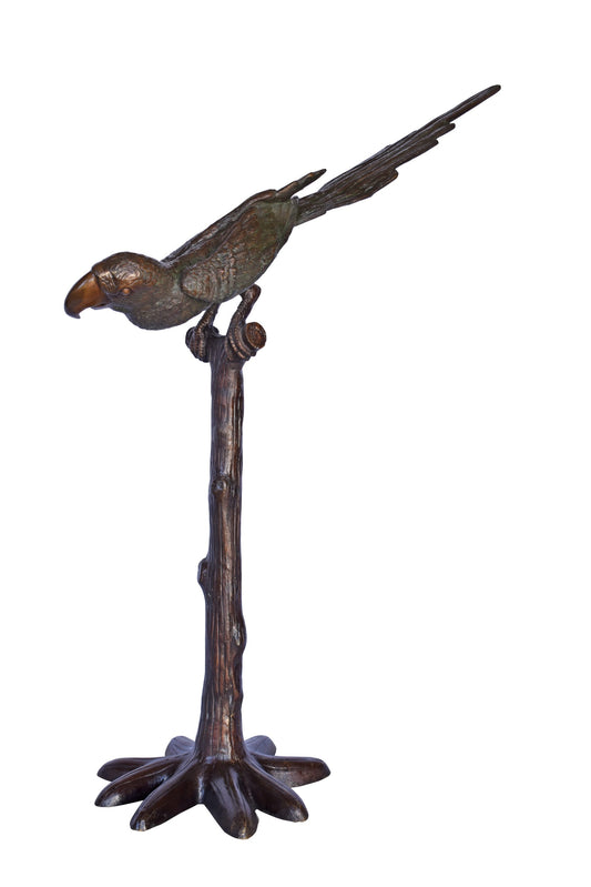 Parrot on a Tree looking Down Bronze Statue - Size: 37"L x 15"W x 47"H.