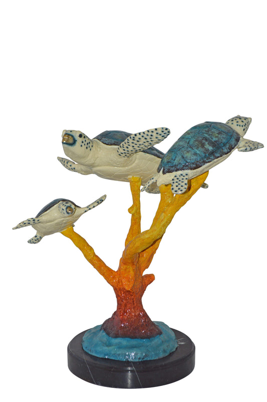 Three Turtles swimming around Corals Bronze Statue - Size: 17"L x 15"W x 19"H.