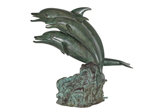 Three Dolphins Bronze Statue Fountain Green Patina Finish, Size 40" x 24" x 36"H