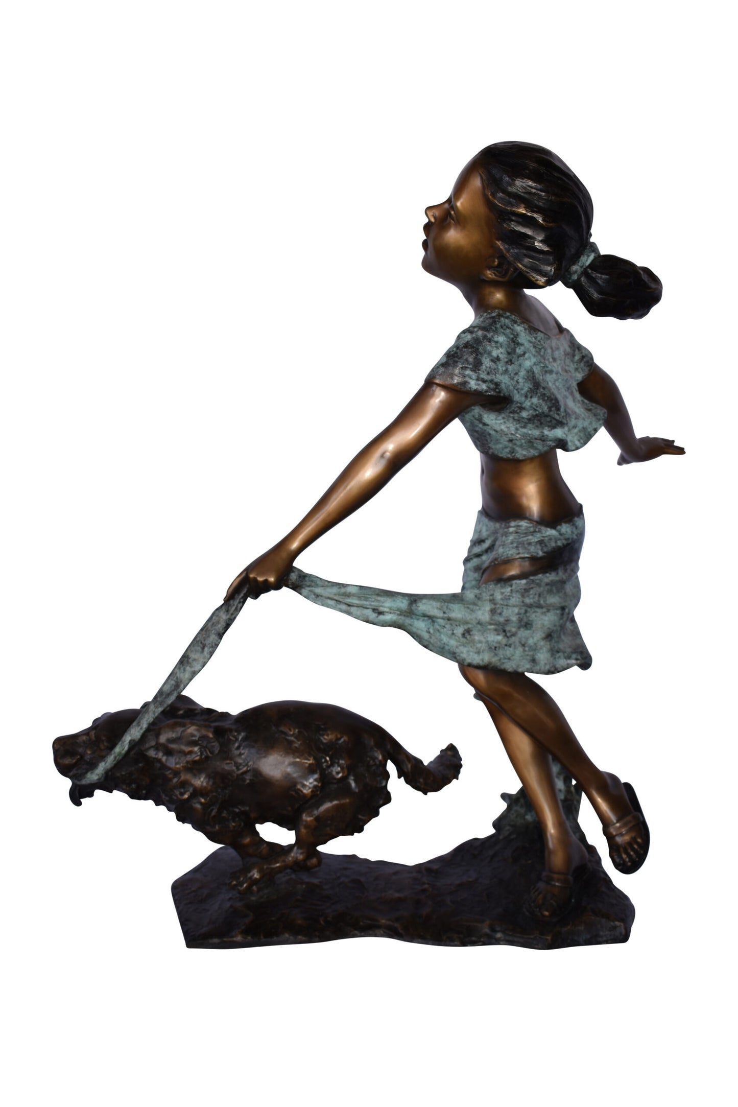 Young Girl Running with Her Dog Bronze Statue - Size: 16"L x 36"W x 39"H.