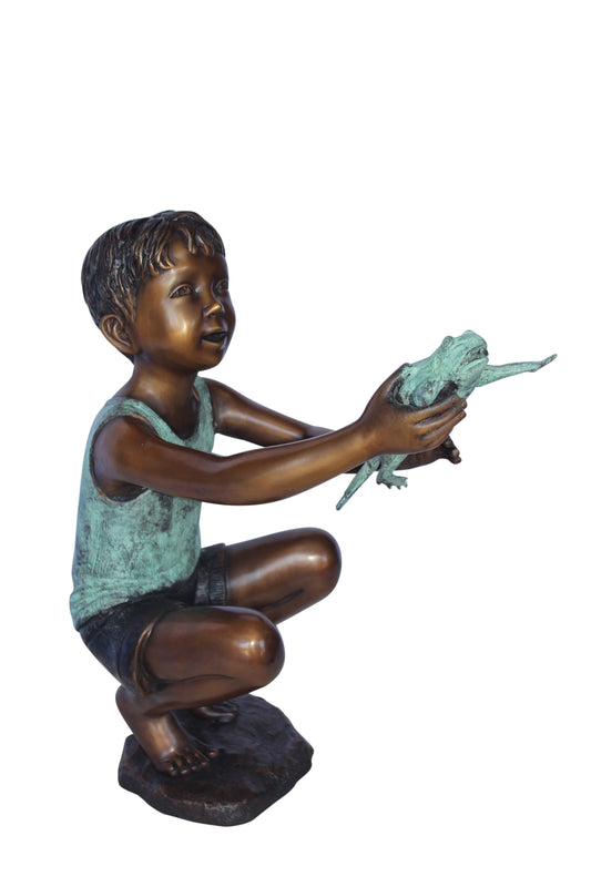 Young boy holding a frog bronze statue fountain -  Size: 18"L x 10"W x 22"H.