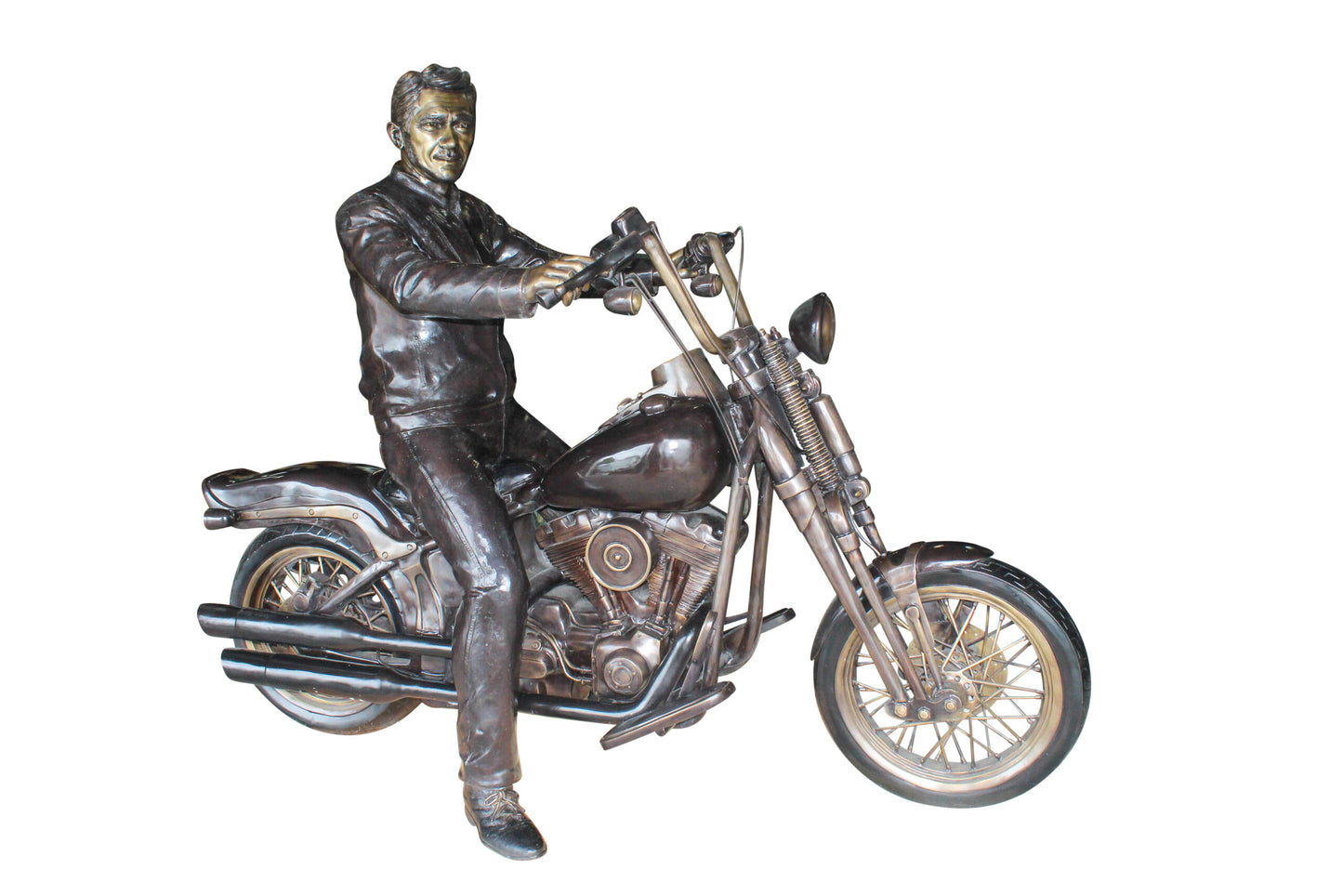 Bronze Sculpture of Man on His Motorcycle Life Size 94" x 50" x 72"H
