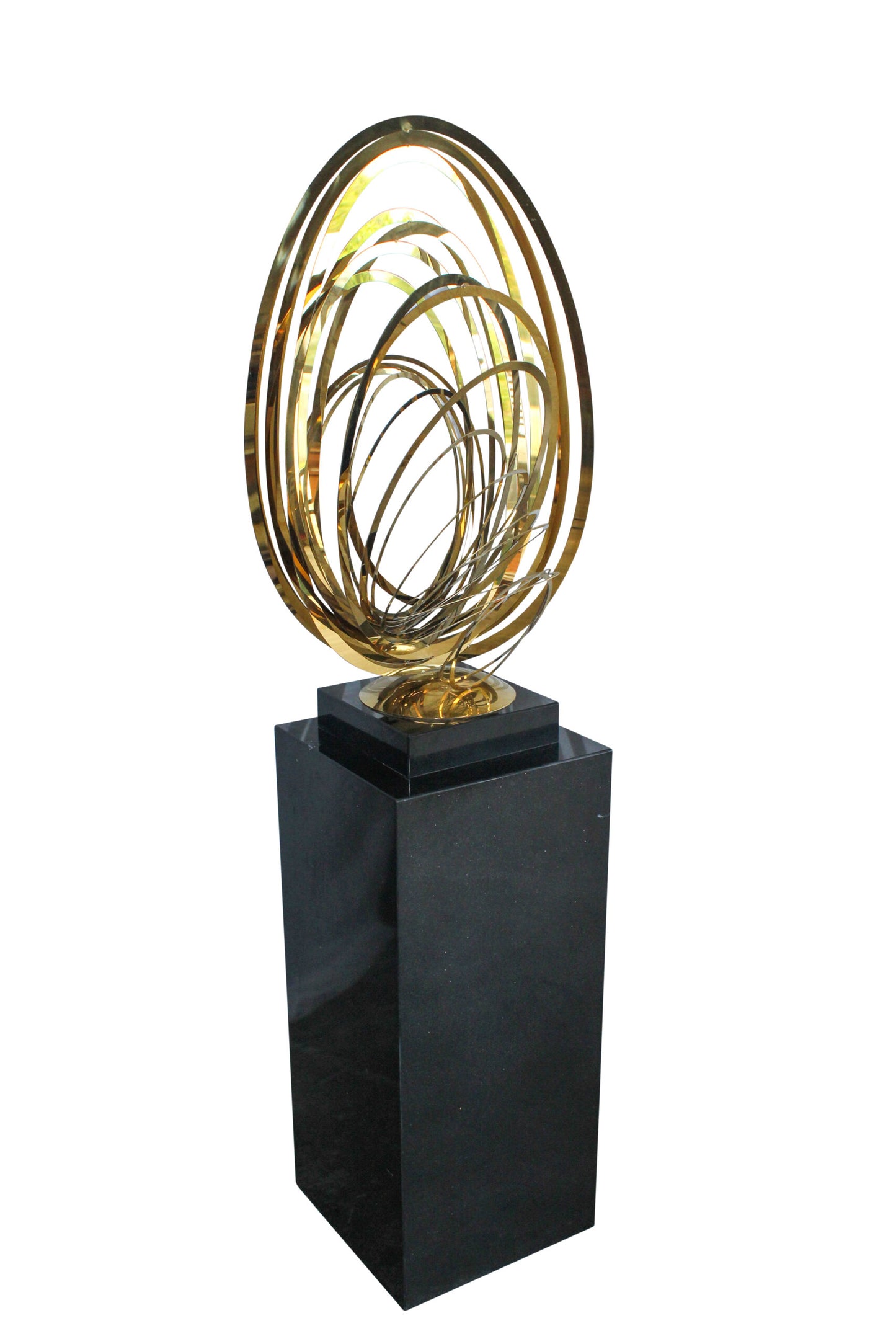 Modern Abstract Brass Sculpture with Black Pedestal Stand 18" x 14" x 67"H